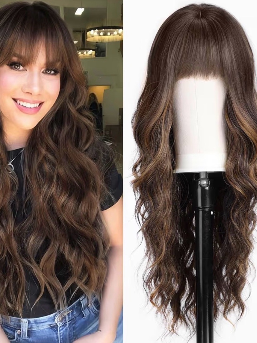 NEW Long Wavy Brown Women's Wig with Bangs - Natural-Look Hair
